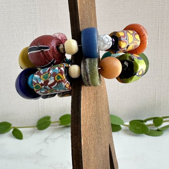 Venetian Millefiori Beads, African Trade Beads, Gemstone Memory Wire Bracelet - Picture 10 of 12